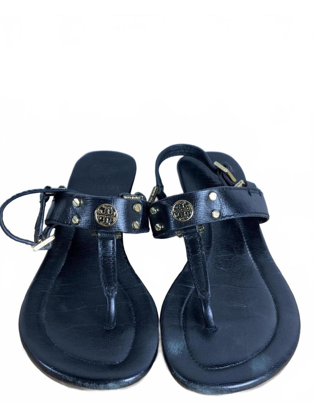 Tory Burch Black Leather Medallion Studded Thong Wedge Sandals Women's Size 11